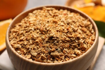 Bowl of dried orange zest seasoning, closeup