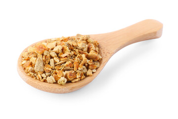 Spoon with dried orange zest seasoning isolated on white