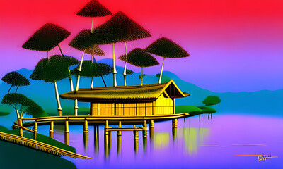 Generative AI : bamboo hut at sunset, vivid, story book illustration