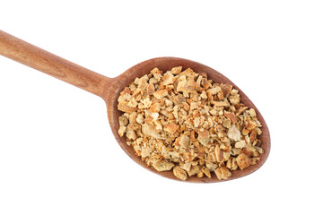 Spoon with dried orange zest seasoning isolated on white, top view