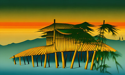 Generative AI : bamboo hut at sunset, vivid, story book illustration