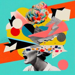 Mental States collage aesthetic, too much information overload overwhelm, creativity, thought, cognition, confusion, mood, mental health, thinking, concept, madness, mania, anxiety (generative AI, AI)