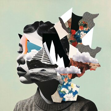 Mental States collage aesthetic, imagination, creativity, thought, cognition, confusion, mood, mental health, thinking, concept, madness, mania, anxiety, depression, mental clutter, generative AI, AI