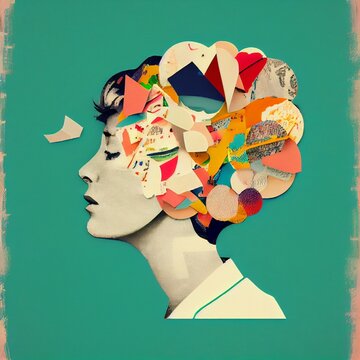 Mental States collage aesthetic, imagination, creativity, thought, cognition, confusion, mood, mental health, thinking, concept, madness, mania, anxiety stress overwhelm (generative AI, AI)
