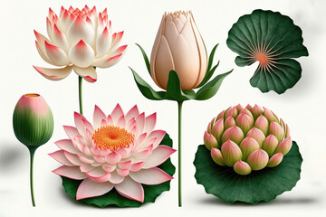 Ethereal Beauty: An Illustration Set of Lotus Flowers. Generative AI