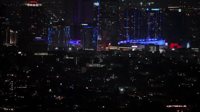 Beautiful aerial night view of the down town in Los Angeles, USA. Heavy traffic across the city in LA. 