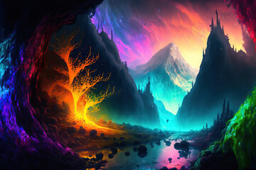 Fototapeta na wymiar fire in the forest, breathtaking fantasy landscape painting with vivid colors and majestic mountains, wallpaper, background
