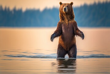 U.S. brown bear (Ursus arctos horribilis) fishing for salmon in Geographic Harbor, Katmai National Park and Preserve, Alaska. Generative AI