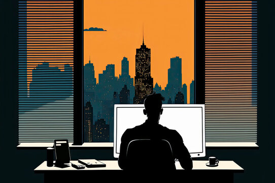 Work From Home Solitary Man At Computer In Front Of A Huge Window Showing A City Scape Concept Created With Generative AI Technology