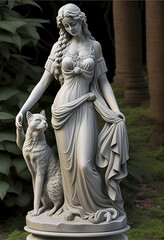 Fototapeta premium Marble Statue of a Beautiful Lady and her Cat in a Formal Garden