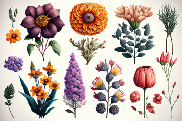 Floral Fantasy: An Illustration Set of Flowers. Generative AI