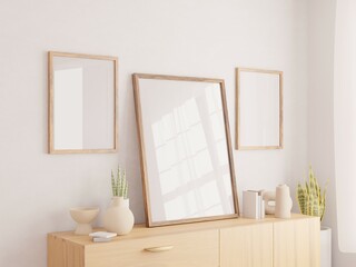 Fototapeta na wymiar Vertical wood frame mockup in living room interior with window light shadow. 3d rendering, 3d illustration