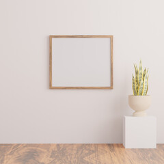 Fototapeta na wymiar Empty poster wood frame mockup in living room interior with light reflection. 3d rendering, 3d illustration