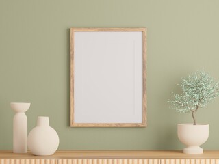 Empty poster wood frame mockup in living room interior with light reflection. 3d rendering, 3d illustration