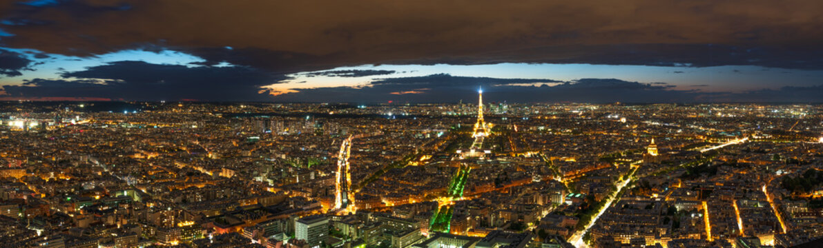 Aerial panorama of Paris at dusk, France