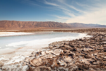 Salt lake, volcanic landscape at sunrise, Atacama, Chile border with Bolivia