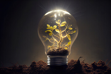 light bulb with plant on dark background