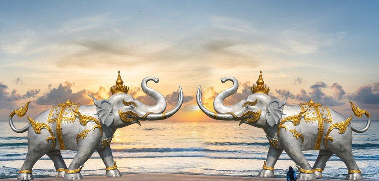 Stone elephant. Isolated from reflection background. - Powered by Adobe