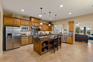 a warm kitchen with wood accents
