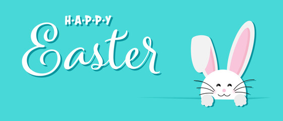 Fototapeta premium Easter bunny ears mask vector illustration. Rabbit ear spring hat set. Easter Day. Colorful Happy Easter greeting card with rabbit, bunny, eggs with banners.