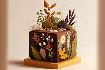 For the presentation of products and cosmetics, a wooden cube podium with plants. Geometric podium in brown tones with moss, camel thorn, and chamomile. Generative AI