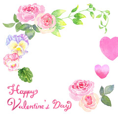 バラやパンジーのブーケで飾られたロマンチックな水彩画のバレンタイン用正方形カード/バナー