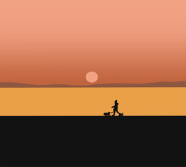 Fototapeta na wymiar Woman and dog running free on beach on golden sunset. Running and playing along the water's edge. Beautiful orange color