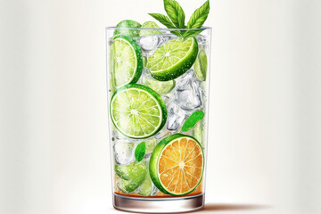 Fototapeta premium Fresh refreshing tonic in a full glass with lime fruits, isolated on white. Generative AI
