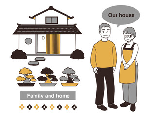 和風な家に住む高齢夫婦のイラスト