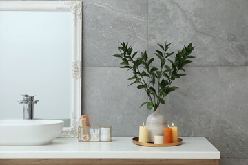 Fototapeta premium Beautiful plant in vase and burning candles near vessel sink on bathroom vanity
