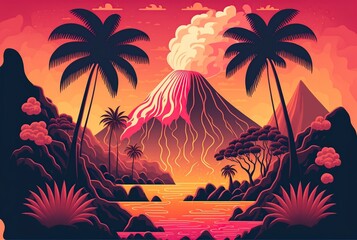 illustration cartoon prehistoric smoking volcanoes, generative AI