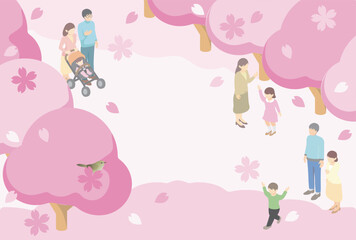 フレーム　アイソメトリック　家族　ファミリー　お花見　春　さくら　桜　背景　イラスト素材
