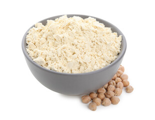 Chickpea flour in bowl and seeds isolated on white