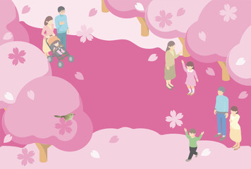 フレーム　アイソメトリック　家族　ファミリー　お花見　春　さくら　桜　背景　イラスト素材
