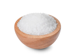 Fototapeta na wymiar Wooden bowl with natural sea salt isolated on white