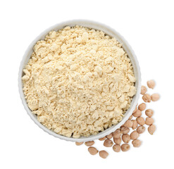 Chickpea flour in bowl and seeds isolated on white, top view