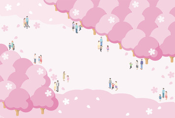 フレーム　アイソメトリック　家族　ファミリー　お花見　春　さくら　桜　背景　イラスト素材