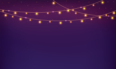 Gold glowing Christmas lights on strings over purple background. Vector illustration with decorative border from garland and copy space.