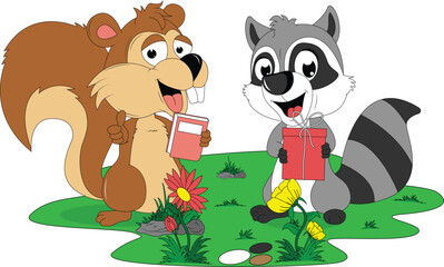cute squirrel and racoon illustration