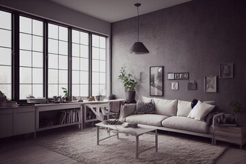 Obraz na płótnie Canvas mock up poster frame in boho interior background, wooden living room design, Scandinavian style. Generative AI illustration