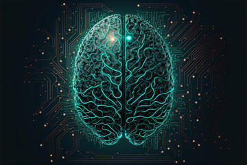 Brain on computer chip background. Ai Generative image.