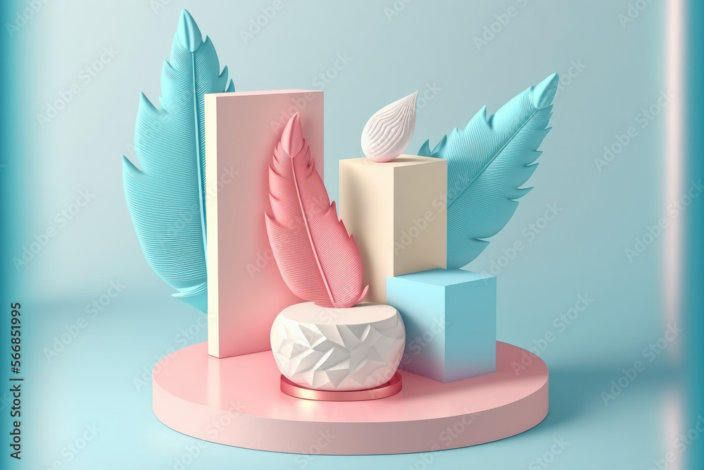 Sticker Cosmetics on a white, geometric podium for branding. Pedestals for product promotion and presentation with pink feathers in a blue tone. Generative AI