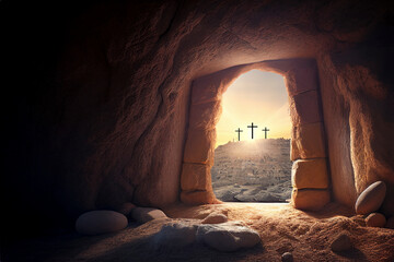 Jesus Christ tomb. Easter background created with generative Ai technology