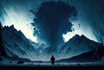 Natural disaster concept. Man looking at huge avalanche coming from snowy mountain. Generative AI illustration