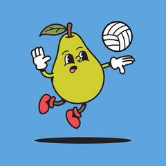 Avocado playing volleyball retro cartoon character