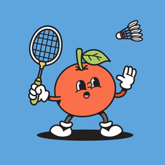Orange playing badminton retro cartoon character