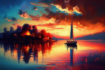 Fototapeta na wymiar sunset on the lake, sailing, AI art