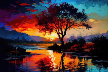 Landscape with lake and mountain during sunset, generative AI art