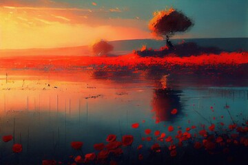 Poppy flower field next to lake during sunset time, Generative AI Art