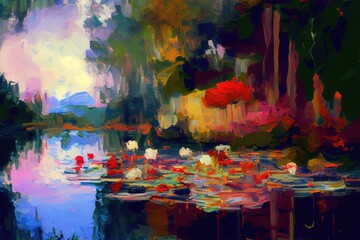 Water lilies pond, landscape, AI art